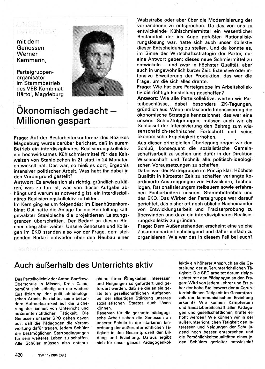 Neuer Weg (NW), Organ des Zentralkomitees (ZK) der SED (Sozialistische Einheitspartei Deutschlands) für Fragen des Parteilebens, 39. Jahrgang [Deutsche Demokratische Republik (DDR)] 1984, Seite 420 (NW ZK SED DDR 1984, S. 420)