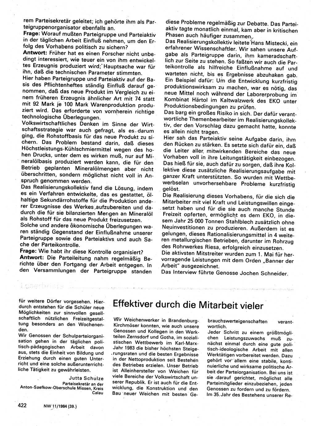 Neuer Weg (NW), Organ des Zentralkomitees (ZK) der SED (Sozialistische Einheitspartei Deutschlands) für Fragen des Parteilebens, 39. Jahrgang [Deutsche Demokratische Republik (DDR)] 1984, Seite 422 (NW ZK SED DDR 1984, S. 422)