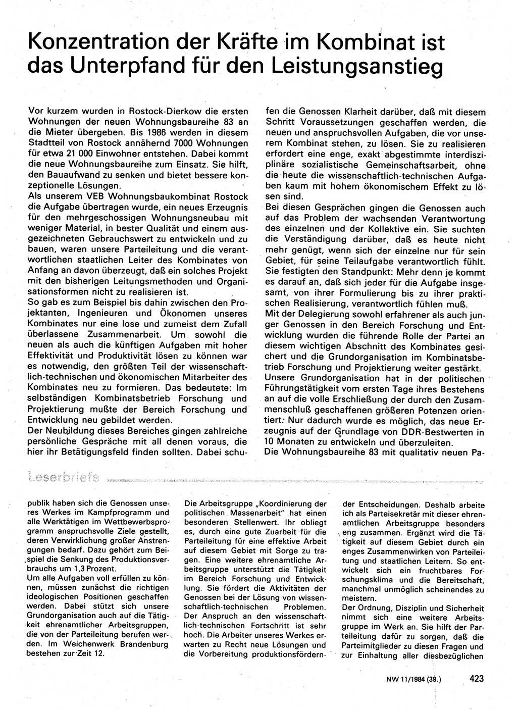 Neuer Weg (NW), Organ des Zentralkomitees (ZK) der SED (Sozialistische Einheitspartei Deutschlands) für Fragen des Parteilebens, 39. Jahrgang [Deutsche Demokratische Republik (DDR)] 1984, Seite 423 (NW ZK SED DDR 1984, S. 423)