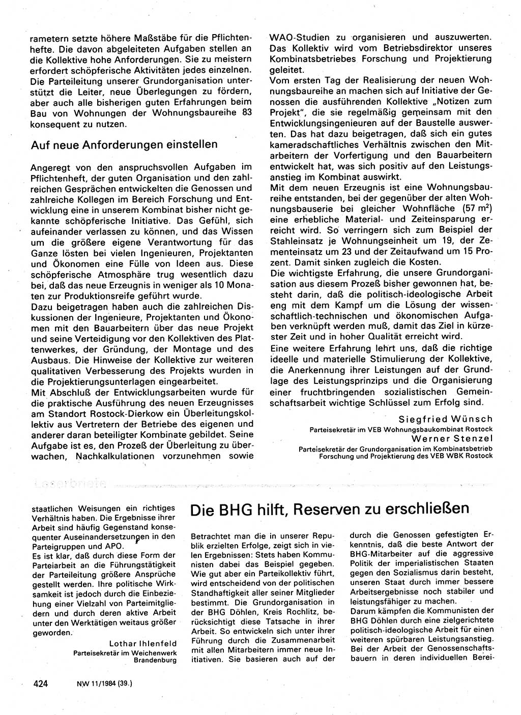 Neuer Weg (NW), Organ des Zentralkomitees (ZK) der SED (Sozialistische Einheitspartei Deutschlands) fÃ¼r Fragen des Parteilebens, 39. Jahrgang [Deutsche Demokratische Republik (DDR)] 1984, Seite 424 (NW ZK SED DDR 1984, S. 424)