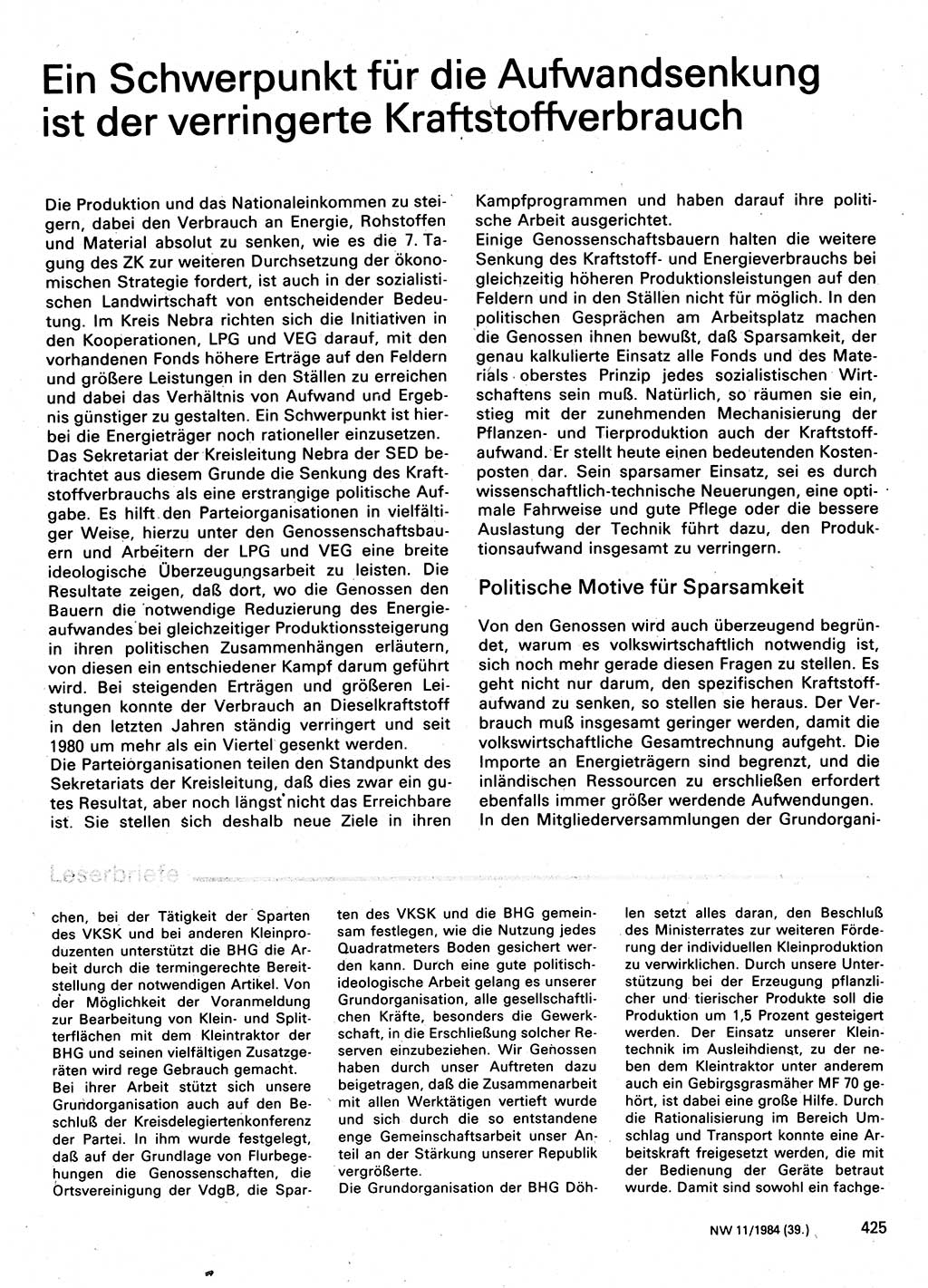 Neuer Weg (NW), Organ des Zentralkomitees (ZK) der SED (Sozialistische Einheitspartei Deutschlands) für Fragen des Parteilebens, 39. Jahrgang [Deutsche Demokratische Republik (DDR)] 1984, Seite 425 (NW ZK SED DDR 1984, S. 425)