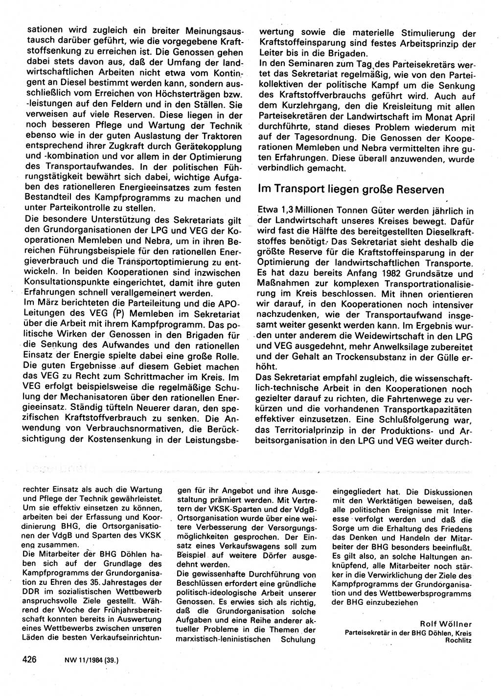 Neuer Weg (NW), Organ des Zentralkomitees (ZK) der SED (Sozialistische Einheitspartei Deutschlands) für Fragen des Parteilebens, 39. Jahrgang [Deutsche Demokratische Republik (DDR)] 1984, Seite 426 (NW ZK SED DDR 1984, S. 426)