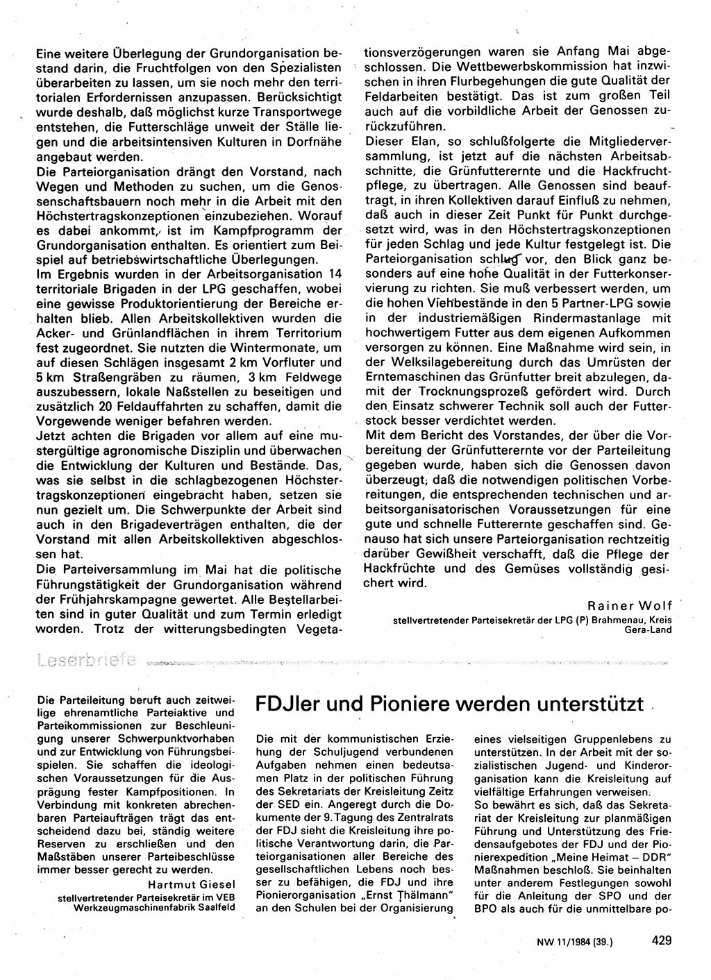 Neuer Weg (NW), Organ des Zentralkomitees (ZK) der SED (Sozialistische Einheitspartei Deutschlands) für Fragen des Parteilebens, 39. Jahrgang [Deutsche Demokratische Republik (DDR)] 1984, Seite 429 (NW ZK SED DDR 1984, S. 429)