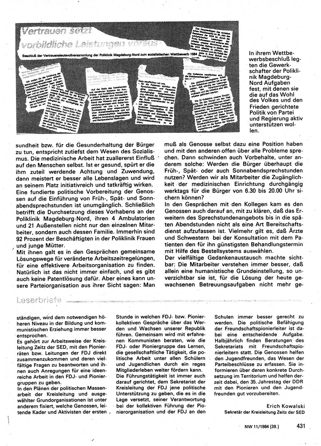Neuer Weg (NW), Organ des Zentralkomitees (ZK) der SED (Sozialistische Einheitspartei Deutschlands) für Fragen des Parteilebens, 39. Jahrgang [Deutsche Demokratische Republik (DDR)] 1984, Seite 431 (NW ZK SED DDR 1984, S. 431)