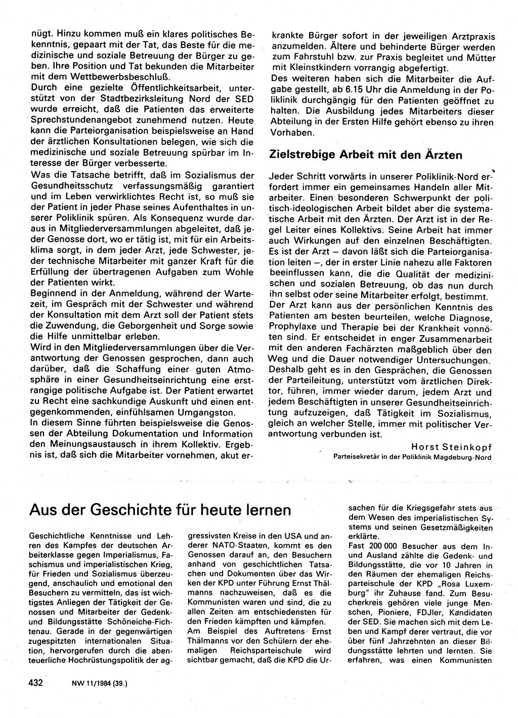 Neuer Weg (NW), Organ des Zentralkomitees (ZK) der SED (Sozialistische Einheitspartei Deutschlands) für Fragen des Parteilebens, 39. Jahrgang [Deutsche Demokratische Republik (DDR)] 1984, Seite 432 (NW ZK SED DDR 1984, S. 432)