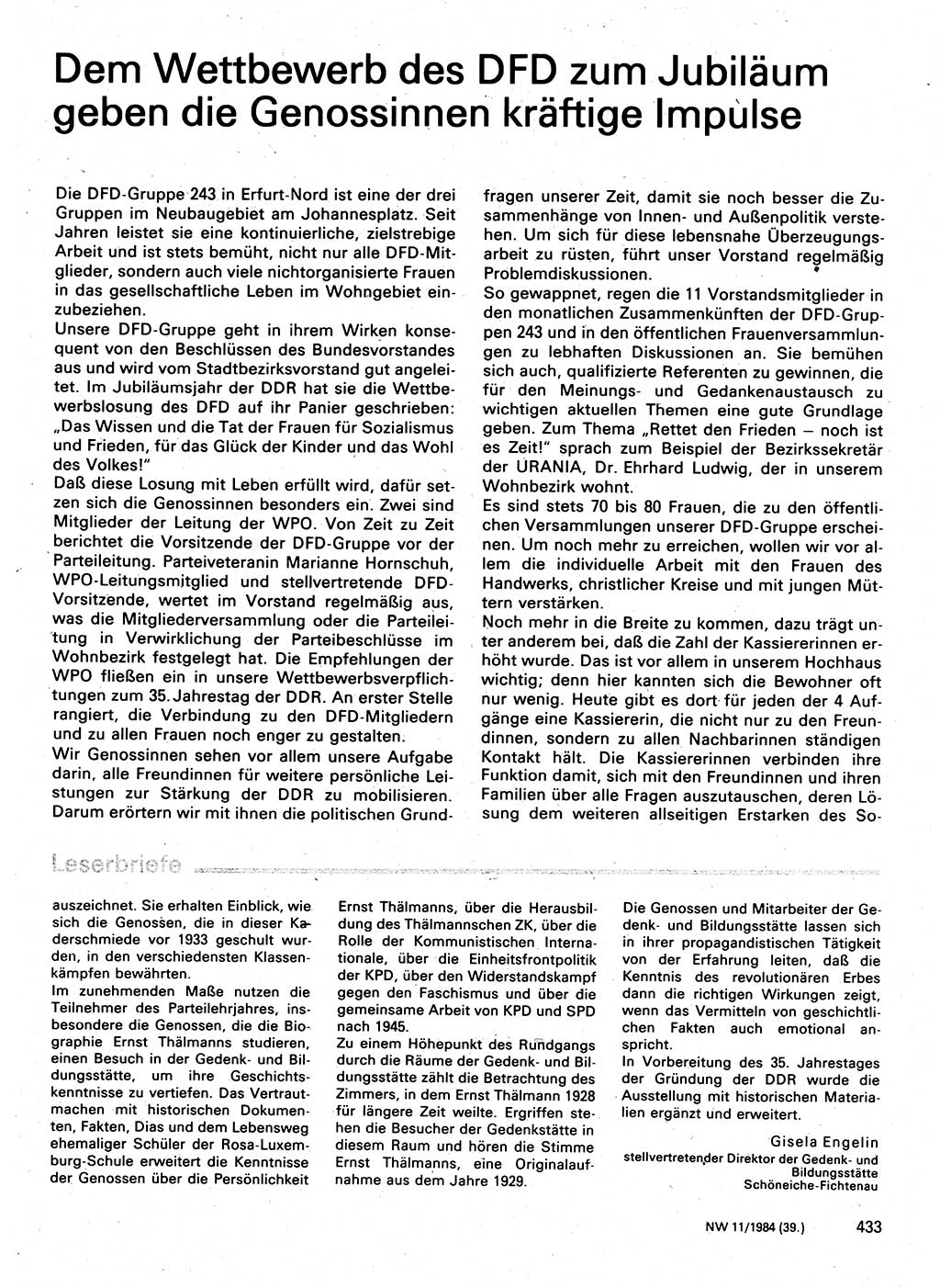 Neuer Weg (NW), Organ des Zentralkomitees (ZK) der SED (Sozialistische Einheitspartei Deutschlands) für Fragen des Parteilebens, 39. Jahrgang [Deutsche Demokratische Republik (DDR)] 1984, Seite 433 (NW ZK SED DDR 1984, S. 433)