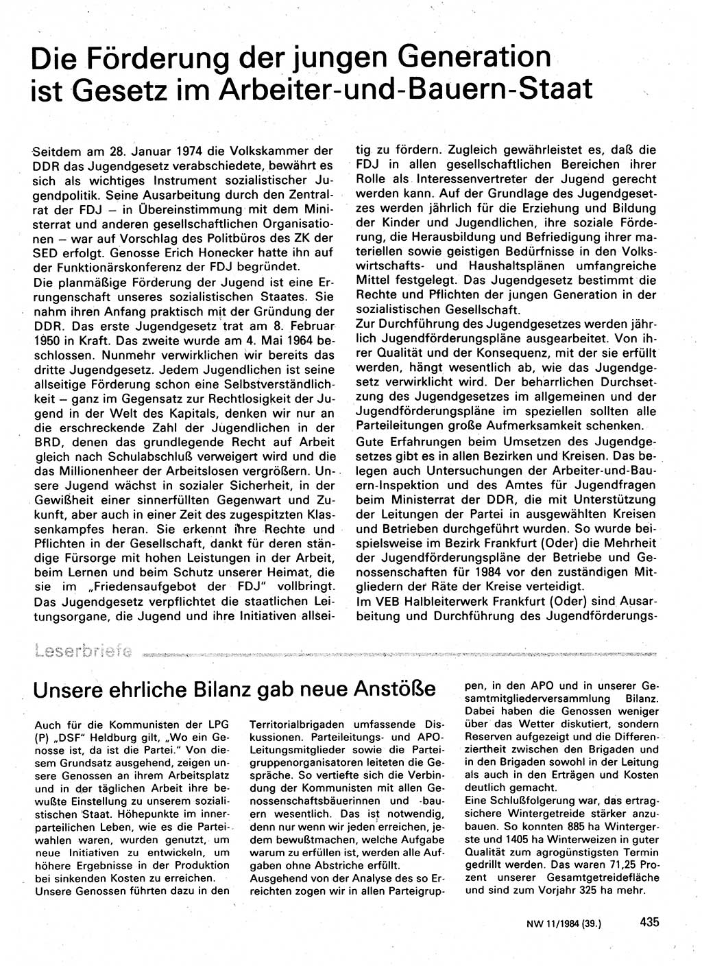 Neuer Weg (NW), Organ des Zentralkomitees (ZK) der SED (Sozialistische Einheitspartei Deutschlands) für Fragen des Parteilebens, 39. Jahrgang [Deutsche Demokratische Republik (DDR)] 1984, Seite 435 (NW ZK SED DDR 1984, S. 435)