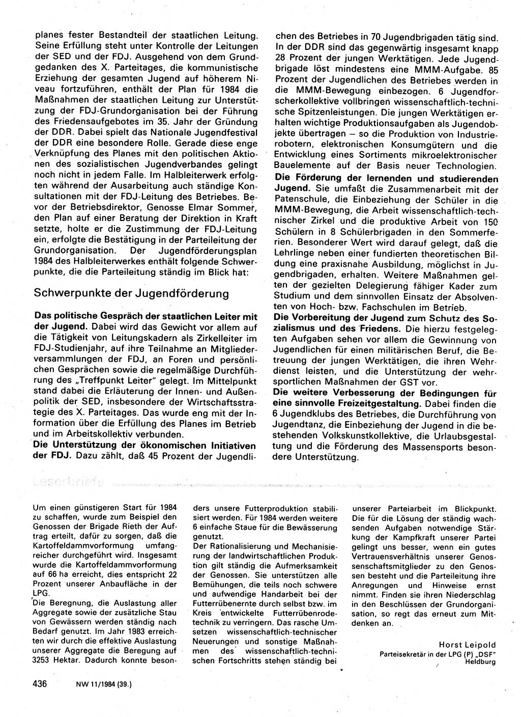 Neuer Weg (NW), Organ des Zentralkomitees (ZK) der SED (Sozialistische Einheitspartei Deutschlands) für Fragen des Parteilebens, 39. Jahrgang [Deutsche Demokratische Republik (DDR)] 1984, Seite 436 (NW ZK SED DDR 1984, S. 436)