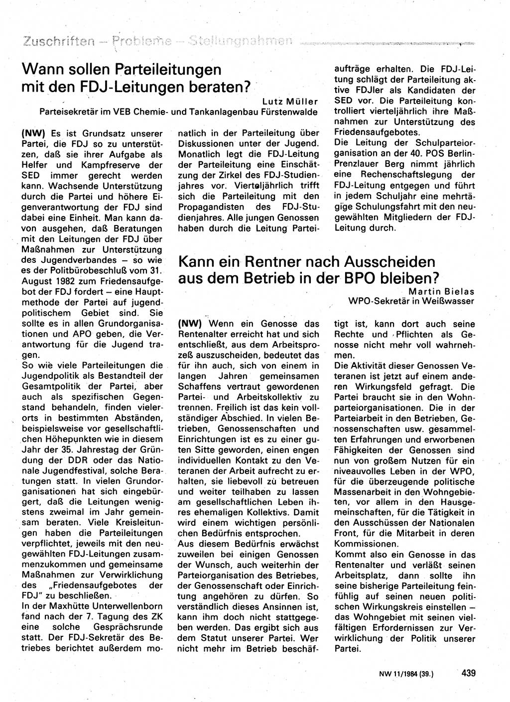 Neuer Weg (NW), Organ des Zentralkomitees (ZK) der SED (Sozialistische Einheitspartei Deutschlands) für Fragen des Parteilebens, 39. Jahrgang [Deutsche Demokratische Republik (DDR)] 1984, Seite 439 (NW ZK SED DDR 1984, S. 439)