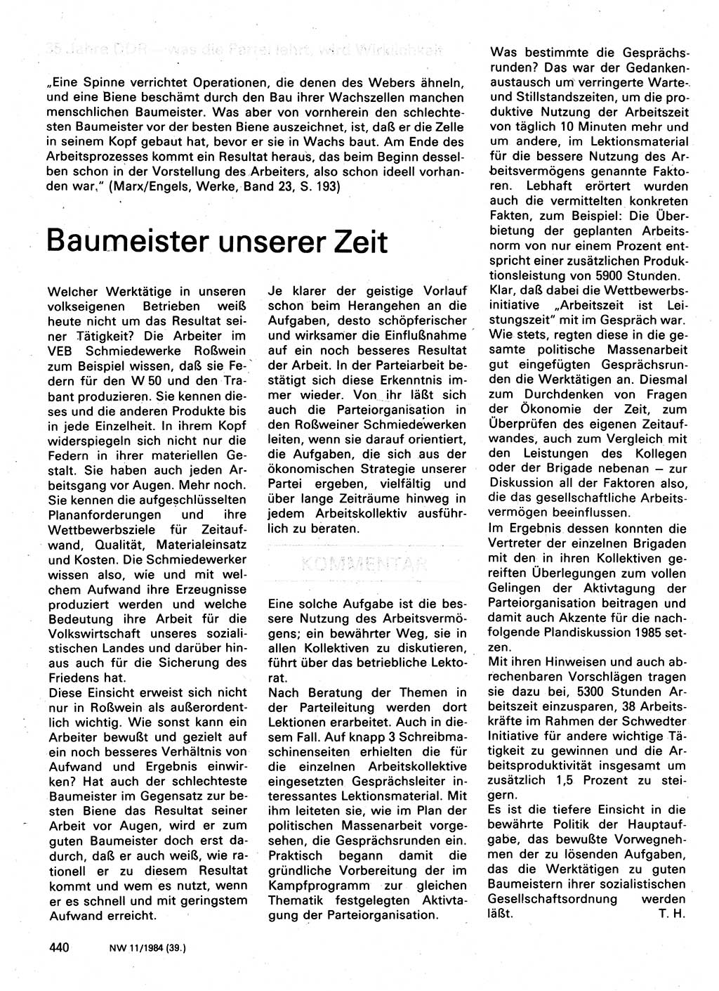 Neuer Weg (NW), Organ des Zentralkomitees (ZK) der SED (Sozialistische Einheitspartei Deutschlands) für Fragen des Parteilebens, 39. Jahrgang [Deutsche Demokratische Republik (DDR)] 1984, Seite 440 (NW ZK SED DDR 1984, S. 440)