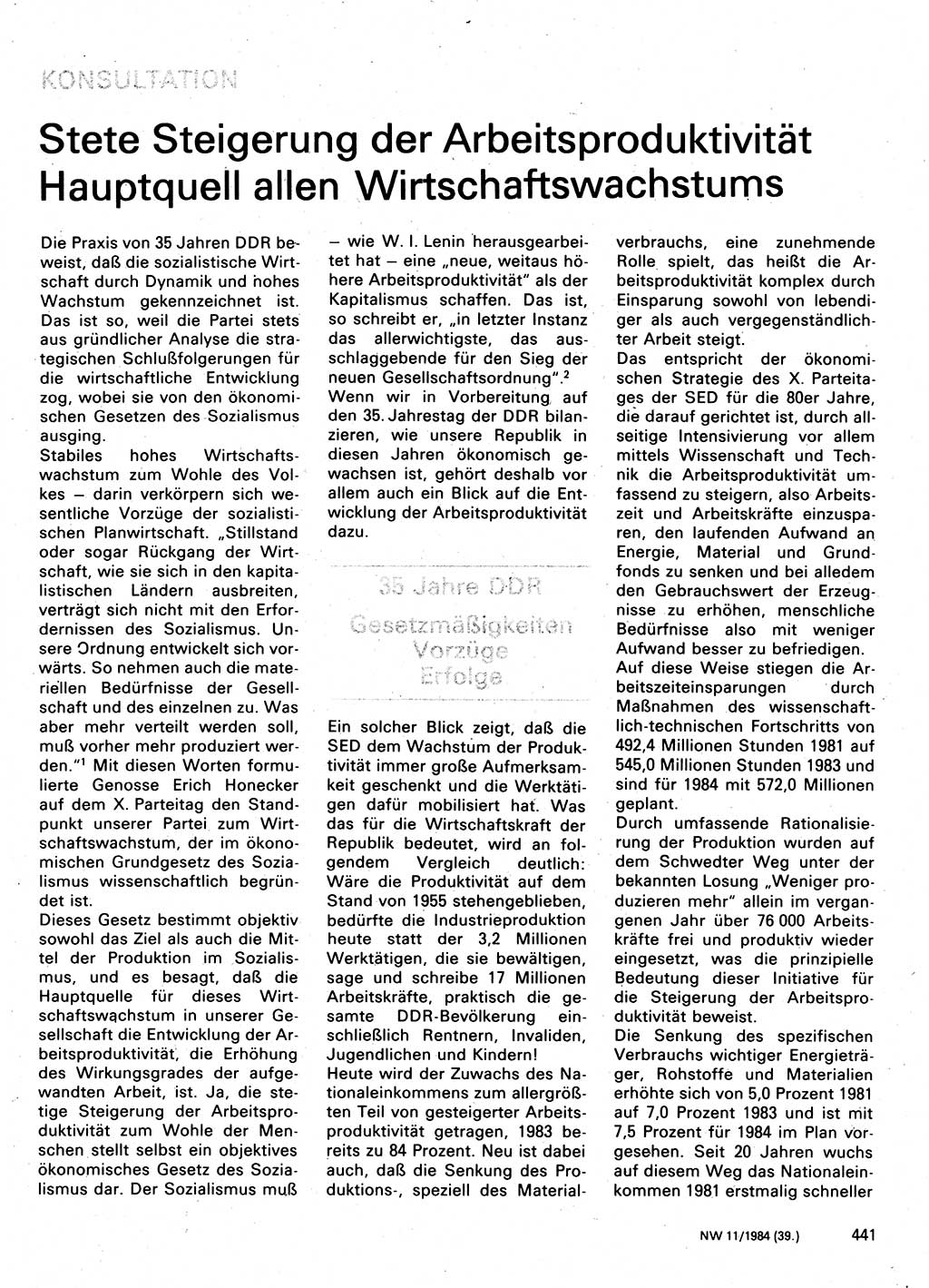 Neuer Weg (NW), Organ des Zentralkomitees (ZK) der SED (Sozialistische Einheitspartei Deutschlands) für Fragen des Parteilebens, 39. Jahrgang [Deutsche Demokratische Republik (DDR)] 1984, Seite 441 (NW ZK SED DDR 1984, S. 441)