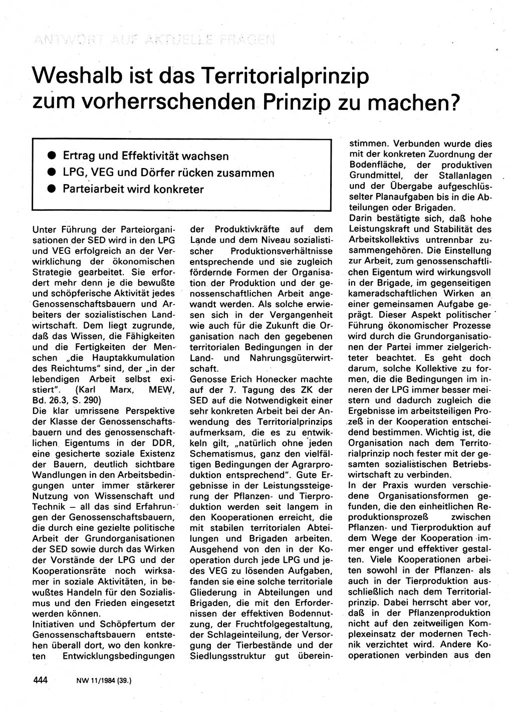 Neuer Weg (NW), Organ des Zentralkomitees (ZK) der SED (Sozialistische Einheitspartei Deutschlands) für Fragen des Parteilebens, 39. Jahrgang [Deutsche Demokratische Republik (DDR)] 1984, Seite 444 (NW ZK SED DDR 1984, S. 444)