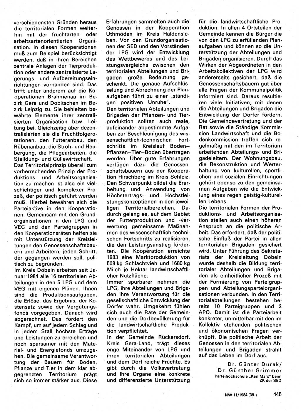 Neuer Weg (NW), Organ des Zentralkomitees (ZK) der SED (Sozialistische Einheitspartei Deutschlands) für Fragen des Parteilebens, 39. Jahrgang [Deutsche Demokratische Republik (DDR)] 1984, Seite 445 (NW ZK SED DDR 1984, S. 445)