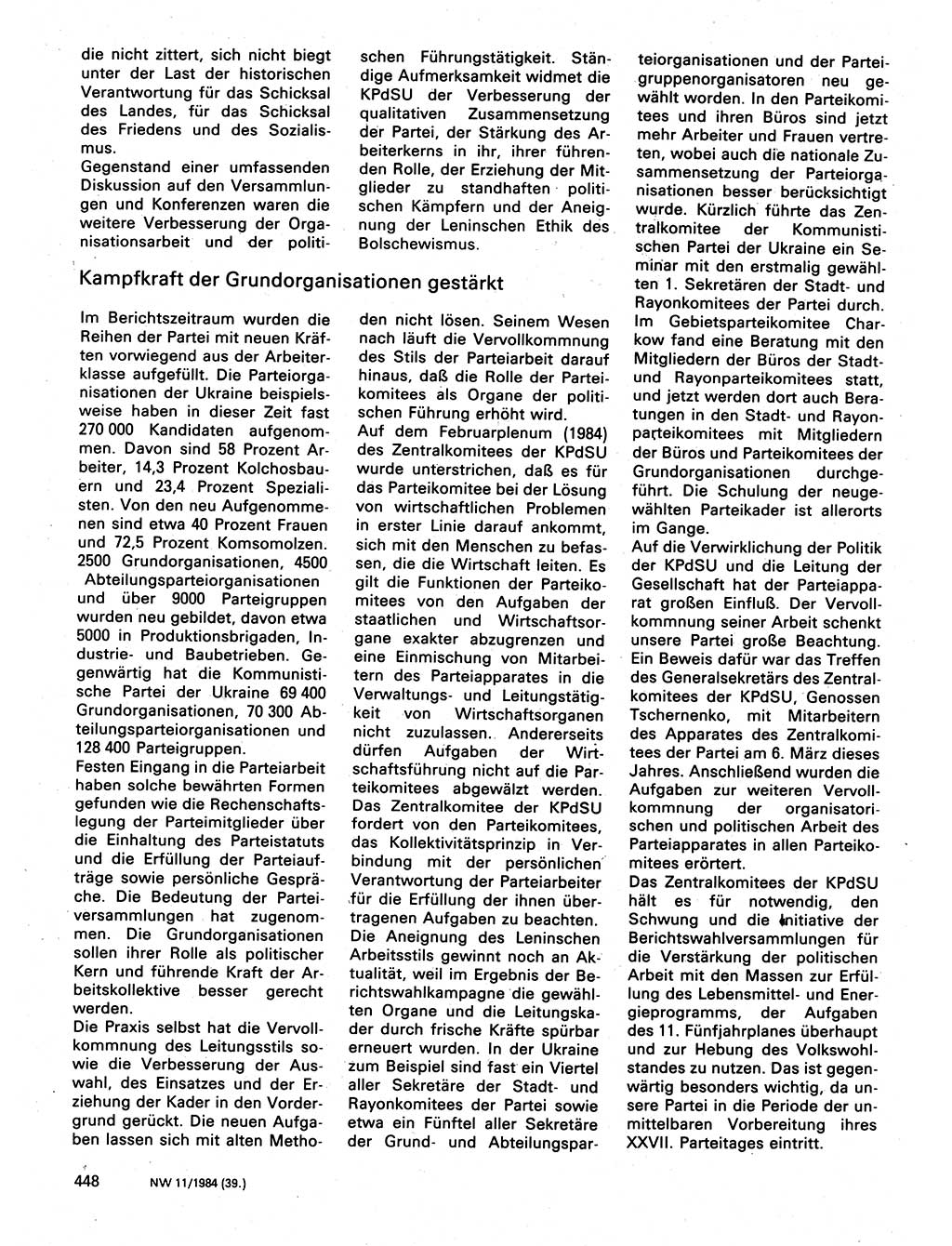 Neuer Weg (NW), Organ des Zentralkomitees (ZK) der SED (Sozialistische Einheitspartei Deutschlands) für Fragen des Parteilebens, 39. Jahrgang [Deutsche Demokratische Republik (DDR)] 1984, Seite 448 (NW ZK SED DDR 1984, S. 448)