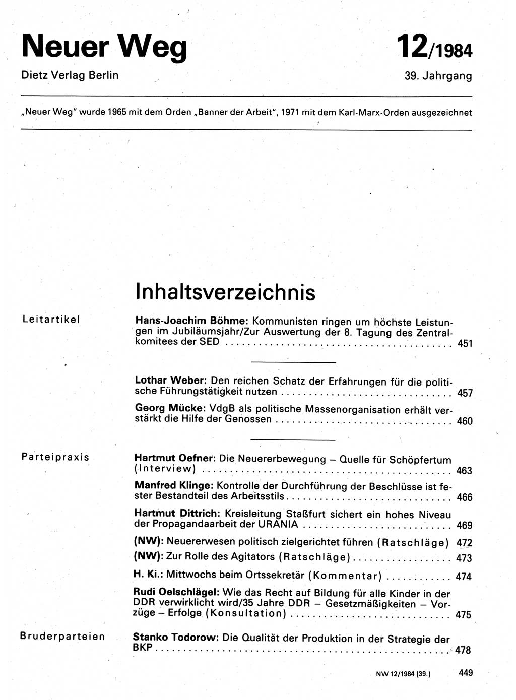 Neuer Weg (NW), Organ des Zentralkomitees (ZK) der SED (Sozialistische Einheitspartei Deutschlands) für Fragen des Parteilebens, 39. Jahrgang [Deutsche Demokratische Republik (DDR)] 1984, Seite 449 (NW ZK SED DDR 1984, S. 449)