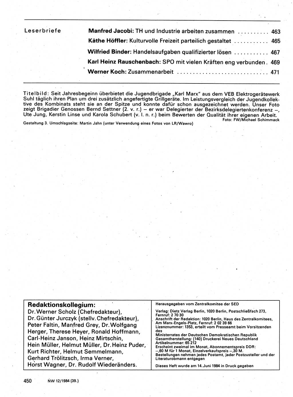 Neuer Weg (NW), Organ des Zentralkomitees (ZK) der SED (Sozialistische Einheitspartei Deutschlands) für Fragen des Parteilebens, 39. Jahrgang [Deutsche Demokratische Republik (DDR)] 1984, Seite 450 (NW ZK SED DDR 1984, S. 450)