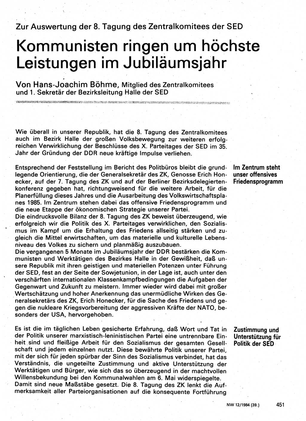 Neuer Weg (NW), Organ des Zentralkomitees (ZK) der SED (Sozialistische Einheitspartei Deutschlands) für Fragen des Parteilebens, 39. Jahrgang [Deutsche Demokratische Republik (DDR)] 1984, Seite 451 (NW ZK SED DDR 1984, S. 451)