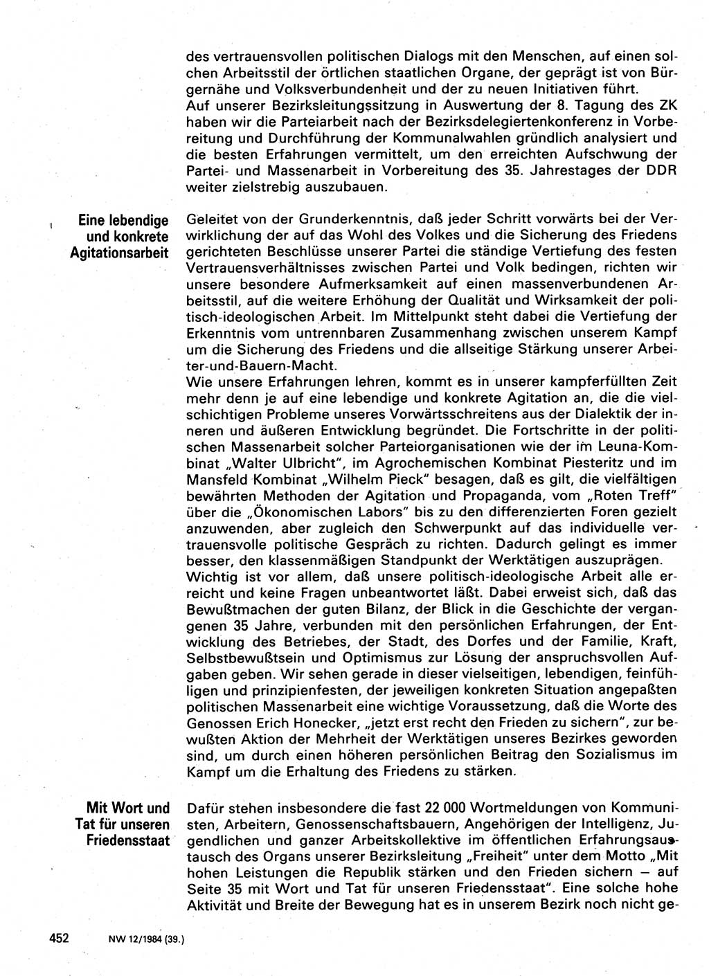 Neuer Weg (NW), Organ des Zentralkomitees (ZK) der SED (Sozialistische Einheitspartei Deutschlands) für Fragen des Parteilebens, 39. Jahrgang [Deutsche Demokratische Republik (DDR)] 1984, Seite 452 (NW ZK SED DDR 1984, S. 452)
