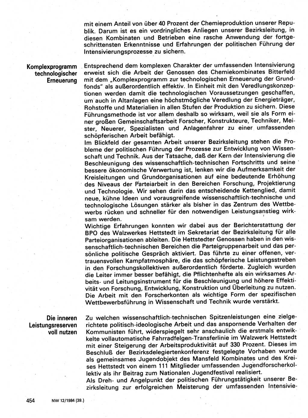 Neuer Weg (NW), Organ des Zentralkomitees (ZK) der SED (Sozialistische Einheitspartei Deutschlands) fÃ¼r Fragen des Parteilebens, 39. Jahrgang [Deutsche Demokratische Republik (DDR)] 1984, Seite 454 (NW ZK SED DDR 1984, S. 454)