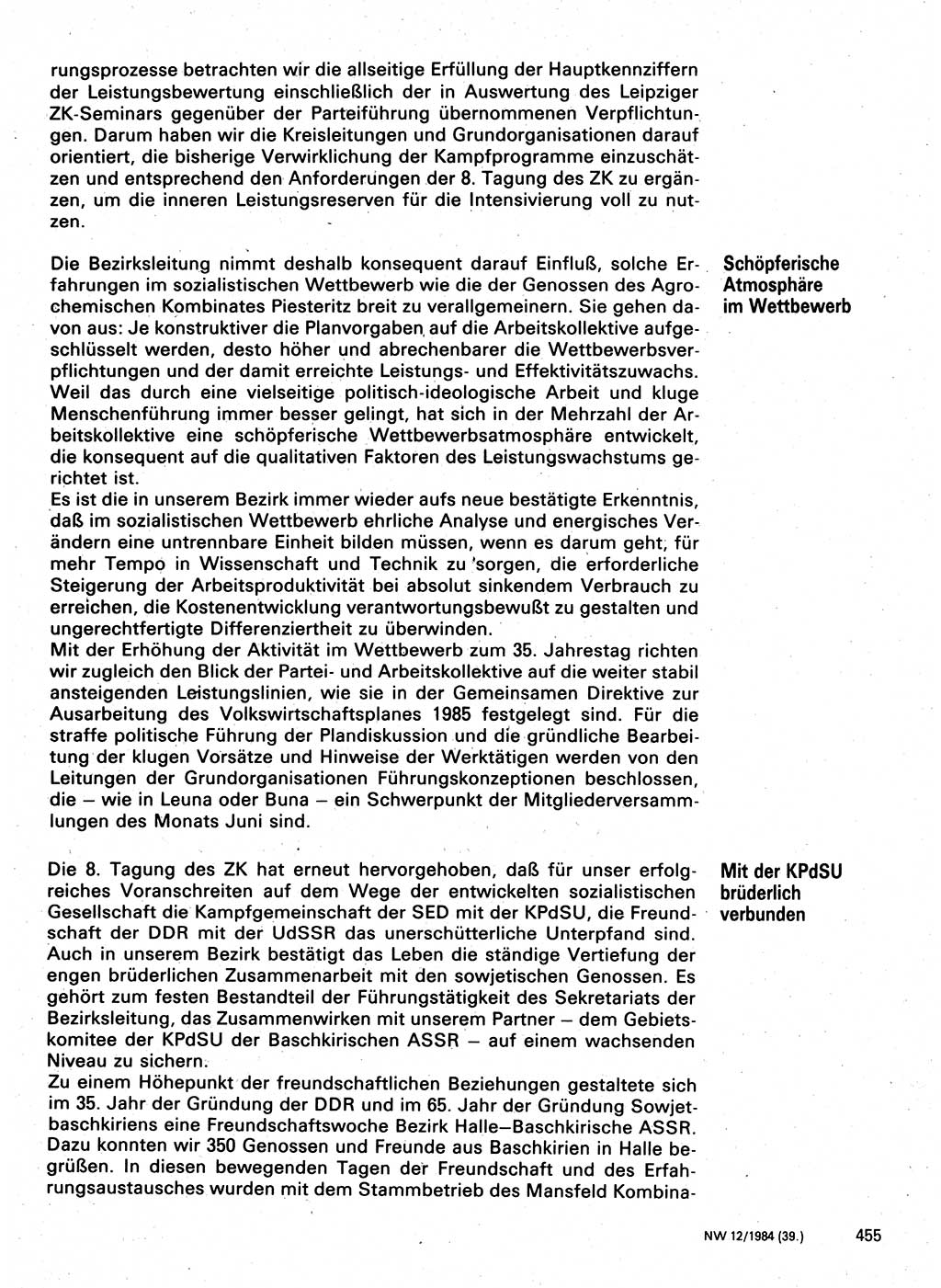 Neuer Weg (NW), Organ des Zentralkomitees (ZK) der SED (Sozialistische Einheitspartei Deutschlands) für Fragen des Parteilebens, 39. Jahrgang [Deutsche Demokratische Republik (DDR)] 1984, Seite 455 (NW ZK SED DDR 1984, S. 455)