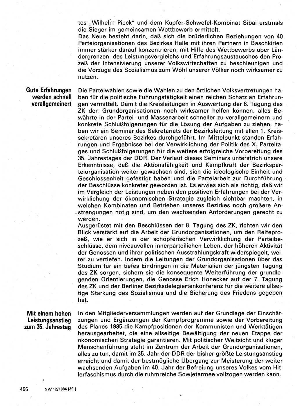 Neuer Weg (NW), Organ des Zentralkomitees (ZK) der SED (Sozialistische Einheitspartei Deutschlands) für Fragen des Parteilebens, 39. Jahrgang [Deutsche Demokratische Republik (DDR)] 1984, Seite 456 (NW ZK SED DDR 1984, S. 456)