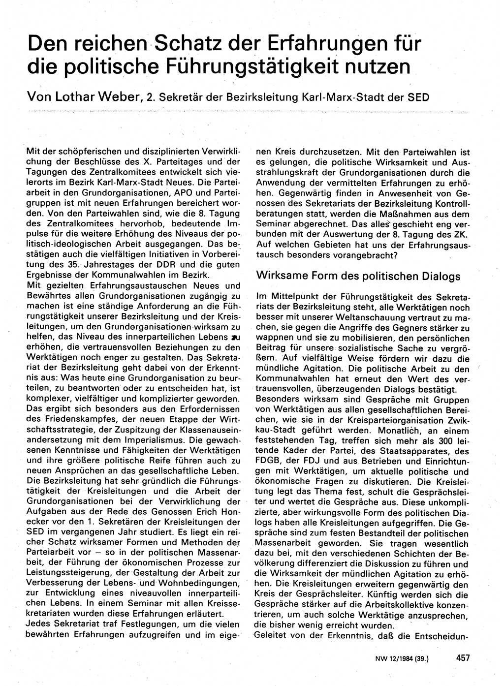 Neuer Weg (NW), Organ des Zentralkomitees (ZK) der SED (Sozialistische Einheitspartei Deutschlands) für Fragen des Parteilebens, 39. Jahrgang [Deutsche Demokratische Republik (DDR)] 1984, Seite 457 (NW ZK SED DDR 1984, S. 457)