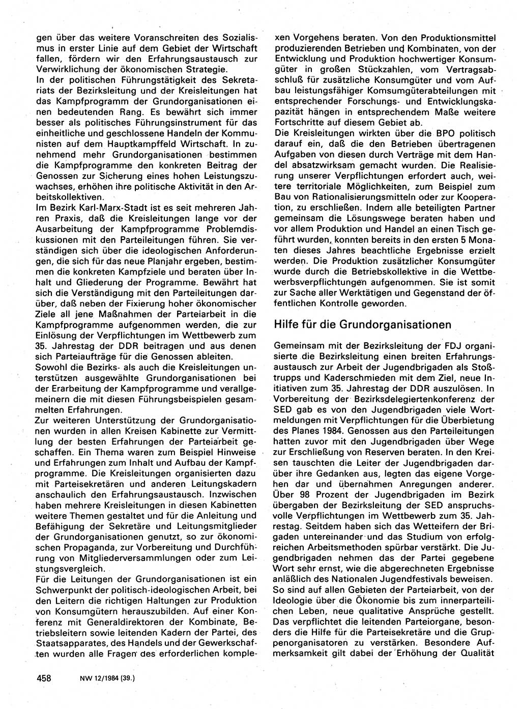 Neuer Weg (NW), Organ des Zentralkomitees (ZK) der SED (Sozialistische Einheitspartei Deutschlands) fÃ¼r Fragen des Parteilebens, 39. Jahrgang [Deutsche Demokratische Republik (DDR)] 1984, Seite 458 (NW ZK SED DDR 1984, S. 458)