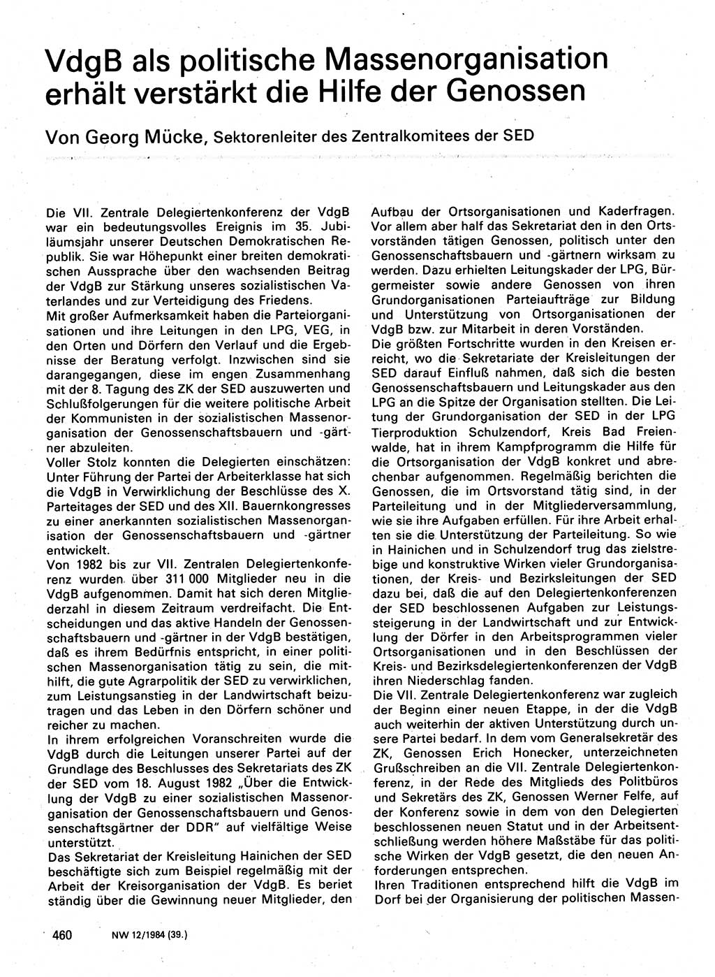 Neuer Weg (NW), Organ des Zentralkomitees (ZK) der SED (Sozialistische Einheitspartei Deutschlands) für Fragen des Parteilebens, 39. Jahrgang [Deutsche Demokratische Republik (DDR)] 1984, Seite 460 (NW ZK SED DDR 1984, S. 460)