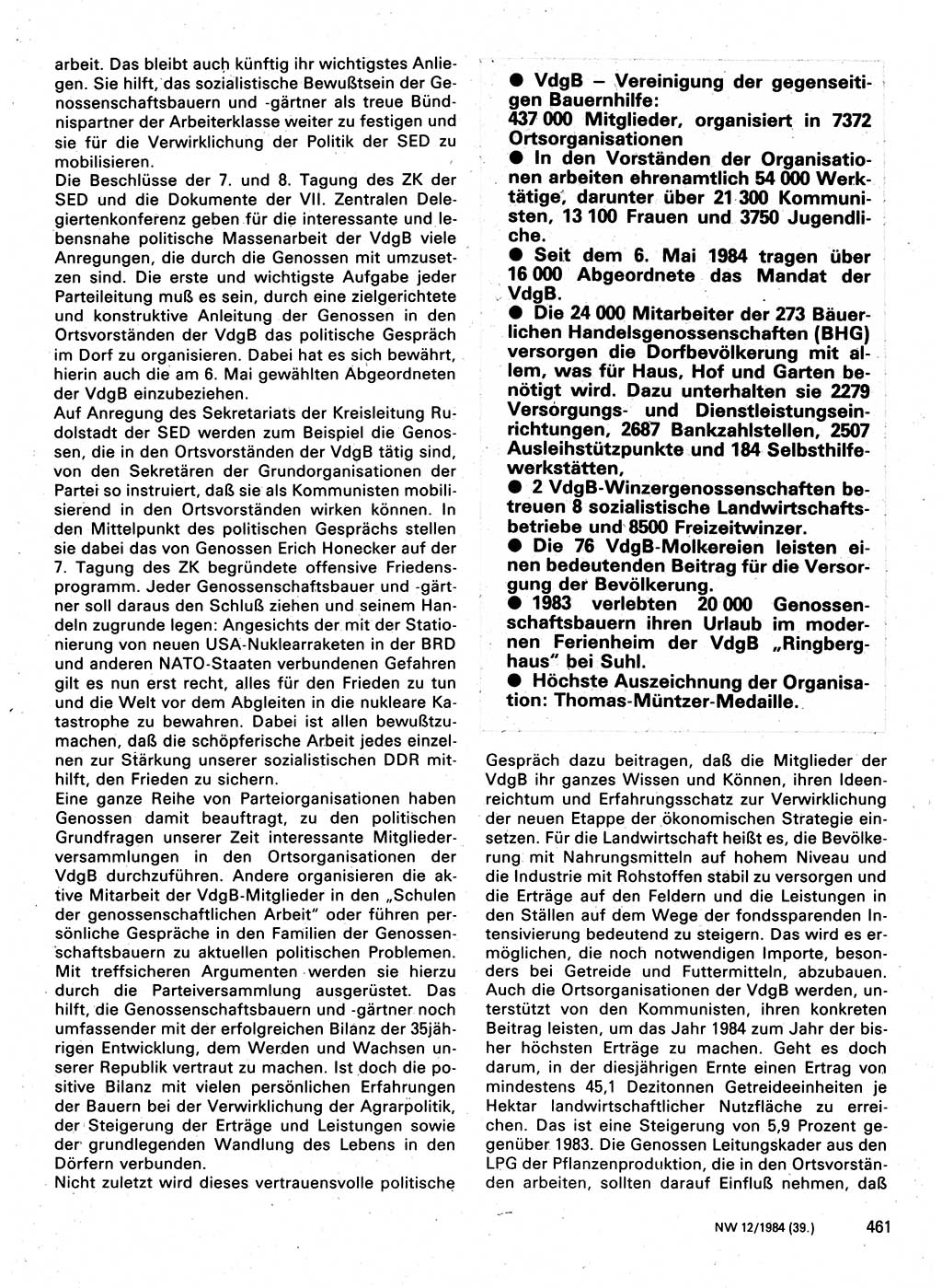Neuer Weg (NW), Organ des Zentralkomitees (ZK) der SED (Sozialistische Einheitspartei Deutschlands) für Fragen des Parteilebens, 39. Jahrgang [Deutsche Demokratische Republik (DDR)] 1984, Seite 461 (NW ZK SED DDR 1984, S. 461)