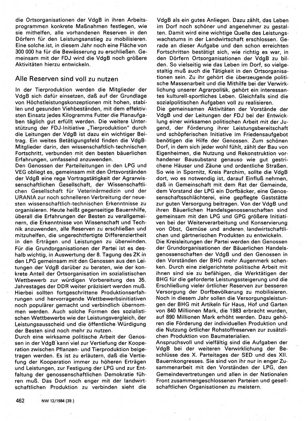 Neuer Weg (NW), Organ des Zentralkomitees (ZK) der SED (Sozialistische Einheitspartei Deutschlands) für Fragen des Parteilebens, 39. Jahrgang [Deutsche Demokratische Republik (DDR)] 1984, Seite 462 (NW ZK SED DDR 1984, S. 462)