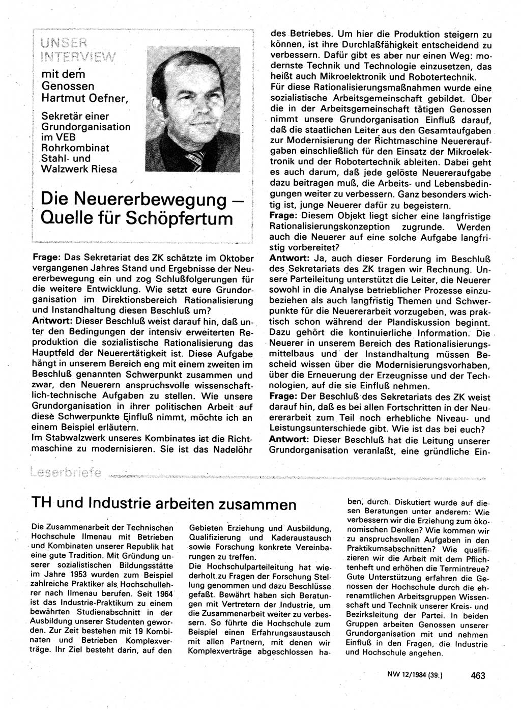 Neuer Weg (NW), Organ des Zentralkomitees (ZK) der SED (Sozialistische Einheitspartei Deutschlands) für Fragen des Parteilebens, 39. Jahrgang [Deutsche Demokratische Republik (DDR)] 1984, Seite 463 (NW ZK SED DDR 1984, S. 463)