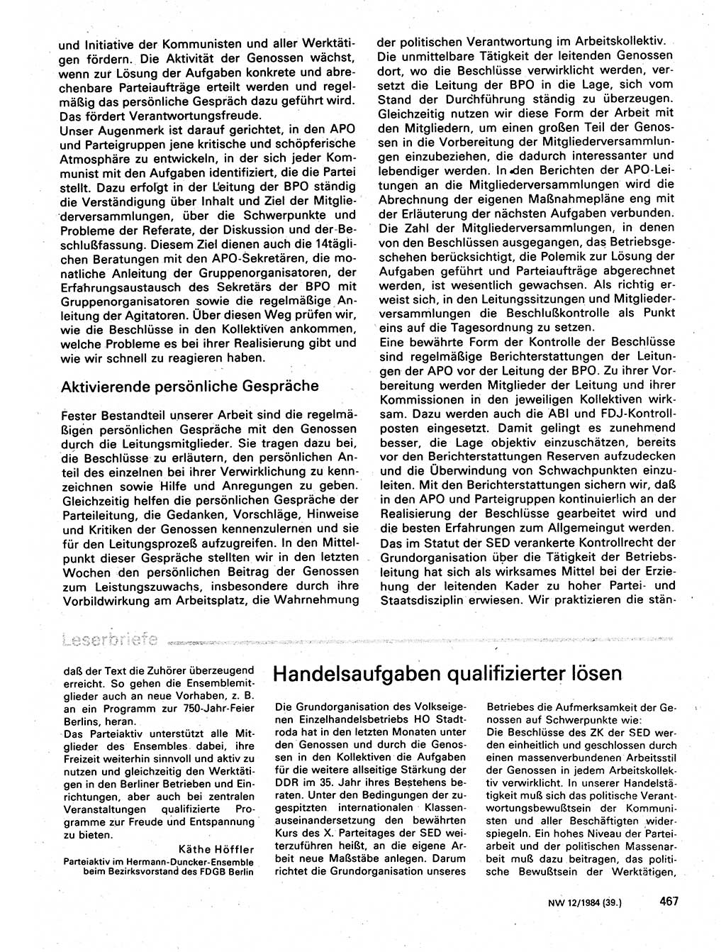 Neuer Weg (NW), Organ des Zentralkomitees (ZK) der SED (Sozialistische Einheitspartei Deutschlands) für Fragen des Parteilebens, 39. Jahrgang [Deutsche Demokratische Republik (DDR)] 1984, Seite 467 (NW ZK SED DDR 1984, S. 467)