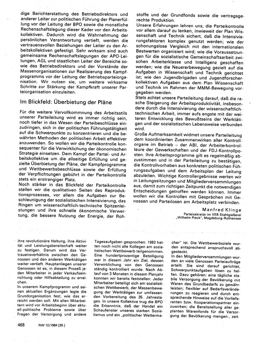 Neuer Weg (NW), Organ des Zentralkomitees (ZK) der SED (Sozialistische Einheitspartei Deutschlands) für Fragen des Parteilebens, 39. Jahrgang [Deutsche Demokratische Republik (DDR)] 1984, Seite 468 (NW ZK SED DDR 1984, S. 468)