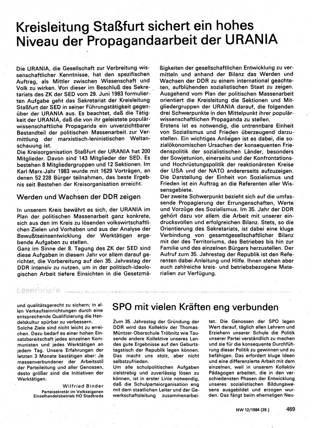 Neuer Weg (NW), Organ des Zentralkomitees (ZK) der SED (Sozialistische Einheitspartei Deutschlands) für Fragen des Parteilebens, 39. Jahrgang [Deutsche Demokratische Republik (DDR)] 1984, Seite 469 (NW ZK SED DDR 1984, S. 469)