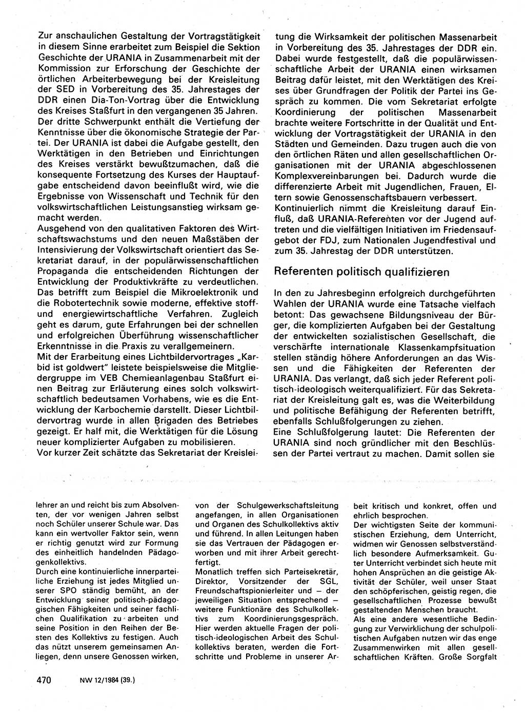 Neuer Weg (NW), Organ des Zentralkomitees (ZK) der SED (Sozialistische Einheitspartei Deutschlands) für Fragen des Parteilebens, 39. Jahrgang [Deutsche Demokratische Republik (DDR)] 1984, Seite 470 (NW ZK SED DDR 1984, S. 470)