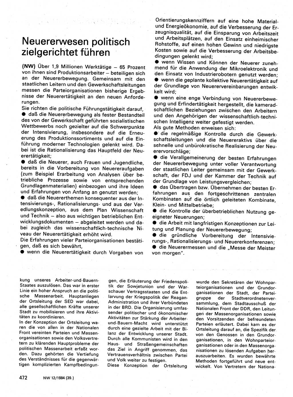 Neuer Weg (NW), Organ des Zentralkomitees (ZK) der SED (Sozialistische Einheitspartei Deutschlands) für Fragen des Parteilebens, 39. Jahrgang [Deutsche Demokratische Republik (DDR)] 1984, Seite 472 (NW ZK SED DDR 1984, S. 472)