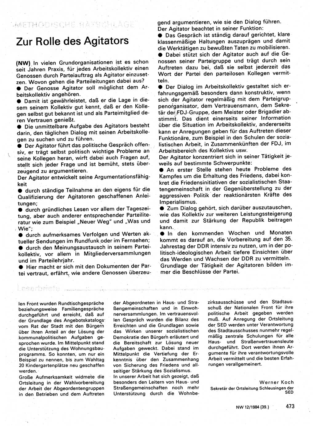Neuer Weg (NW), Organ des Zentralkomitees (ZK) der SED (Sozialistische Einheitspartei Deutschlands) für Fragen des Parteilebens, 39. Jahrgang [Deutsche Demokratische Republik (DDR)] 1984, Seite 473 (NW ZK SED DDR 1984, S. 473)