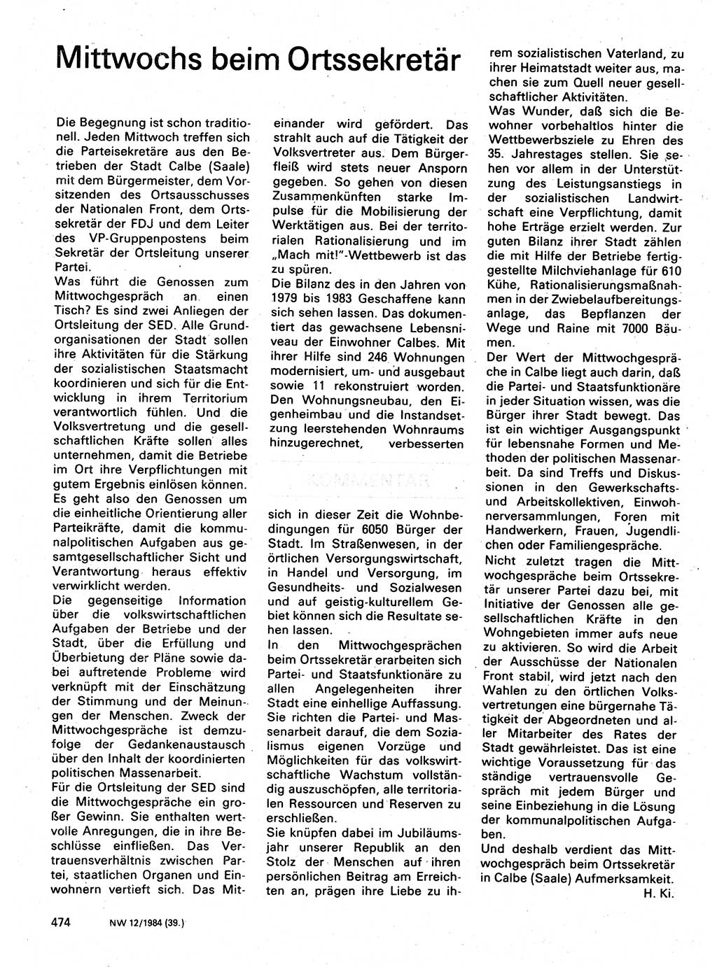 Neuer Weg (NW), Organ des Zentralkomitees (ZK) der SED (Sozialistische Einheitspartei Deutschlands) für Fragen des Parteilebens, 39. Jahrgang [Deutsche Demokratische Republik (DDR)] 1984, Seite 474 (NW ZK SED DDR 1984, S. 474)