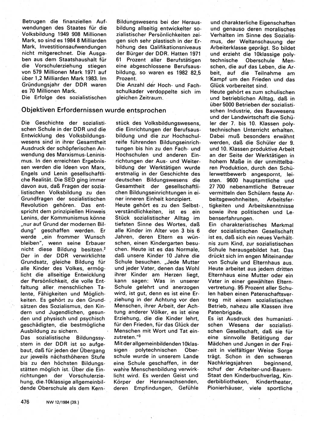 Neuer Weg (NW), Organ des Zentralkomitees (ZK) der SED (Sozialistische Einheitspartei Deutschlands) für Fragen des Parteilebens, 39. Jahrgang [Deutsche Demokratische Republik (DDR)] 1984, Seite 476 (NW ZK SED DDR 1984, S. 476)