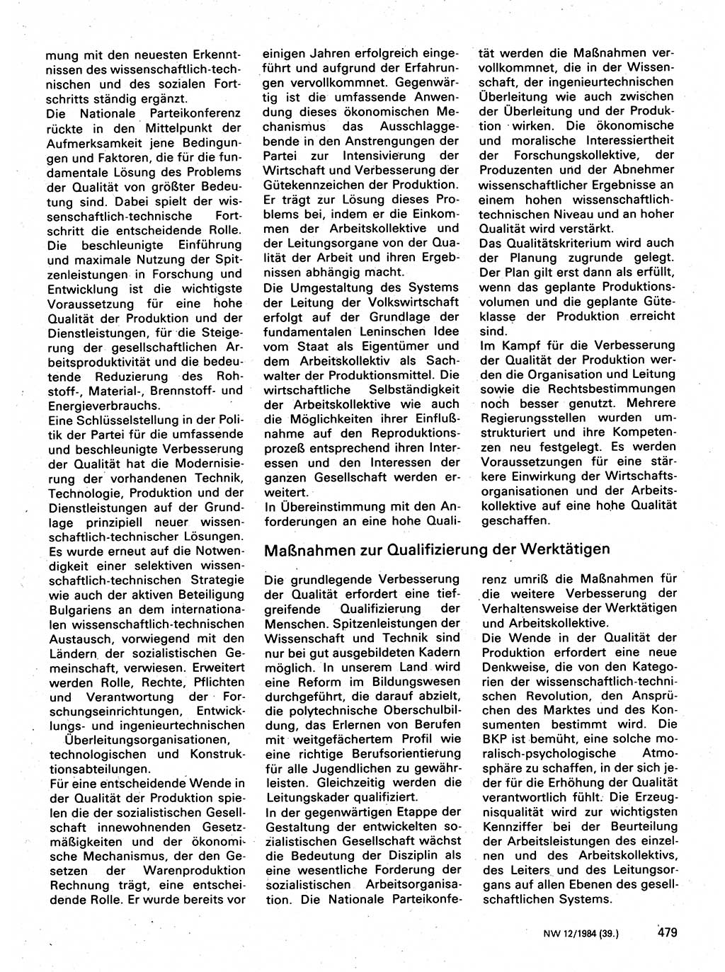 Neuer Weg (NW), Organ des Zentralkomitees (ZK) der SED (Sozialistische Einheitspartei Deutschlands) für Fragen des Parteilebens, 39. Jahrgang [Deutsche Demokratische Republik (DDR)] 1984, Seite 479 (NW ZK SED DDR 1984, S. 479)