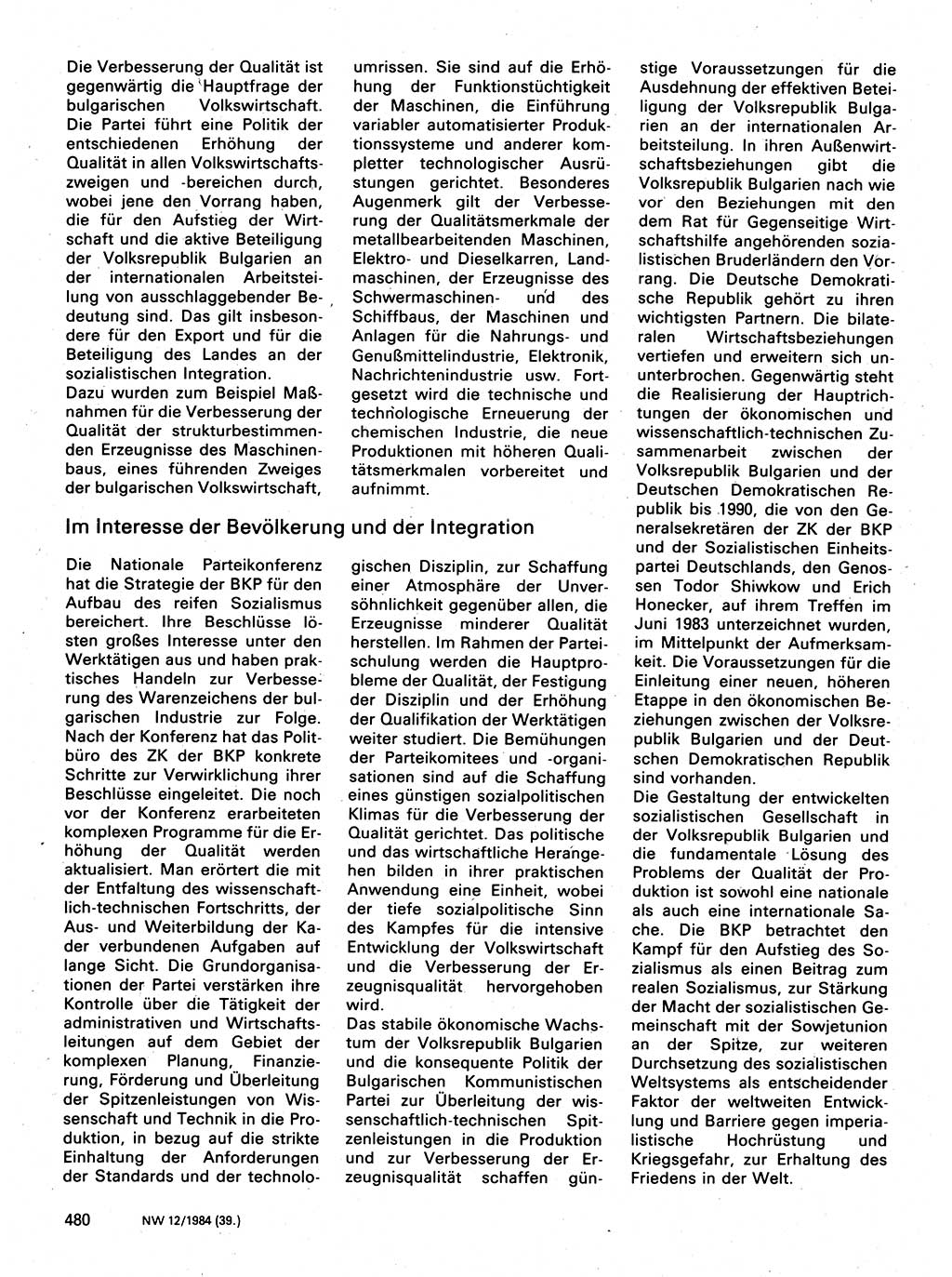 Neuer Weg (NW), Organ des Zentralkomitees (ZK) der SED (Sozialistische Einheitspartei Deutschlands) für Fragen des Parteilebens, 39. Jahrgang [Deutsche Demokratische Republik (DDR)] 1984, Seite 480 (NW ZK SED DDR 1984, S. 480)