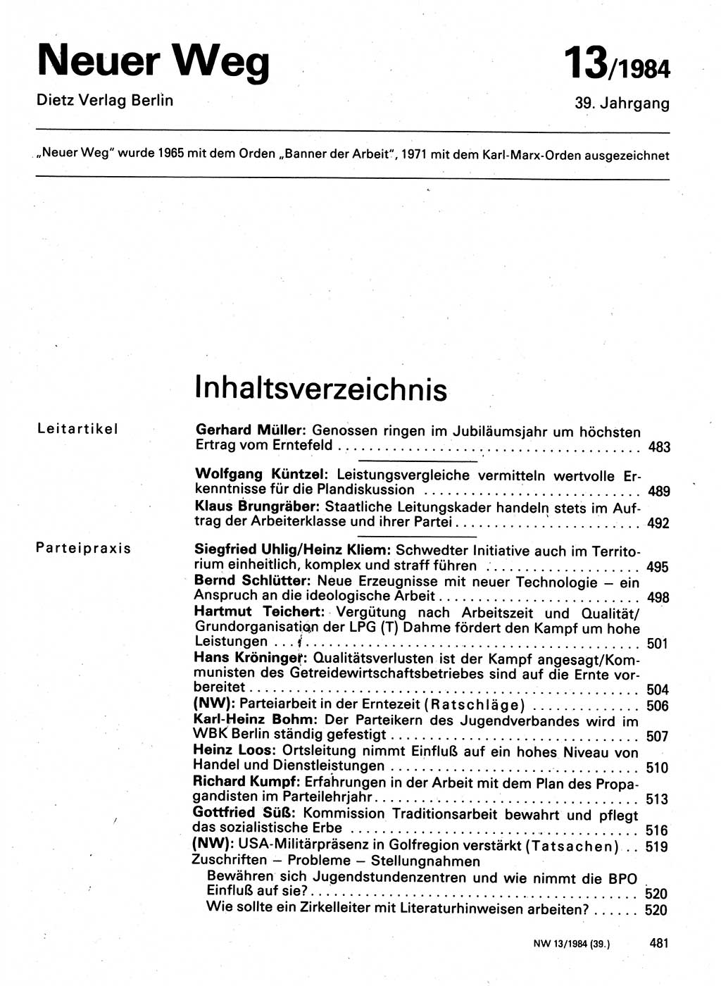 Neuer Weg (NW), Organ des Zentralkomitees (ZK) der SED (Sozialistische Einheitspartei Deutschlands) für Fragen des Parteilebens, 39. Jahrgang [Deutsche Demokratische Republik (DDR)] 1984, Seite 481 (NW ZK SED DDR 1984, S. 481)