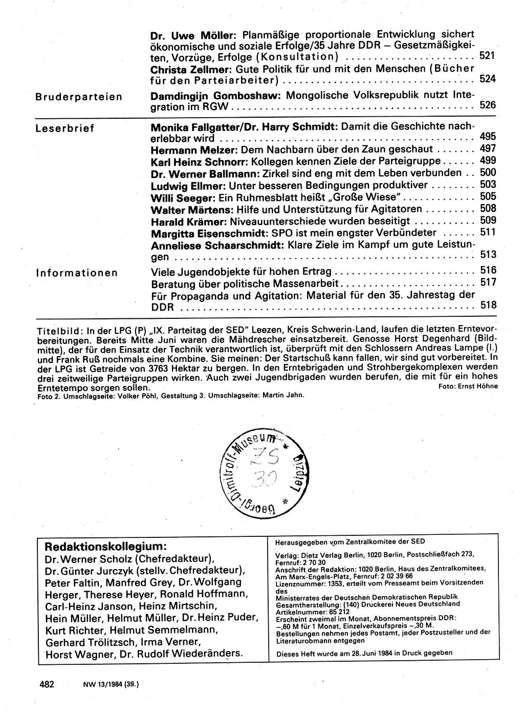 Neuer Weg (NW), Organ des Zentralkomitees (ZK) der SED (Sozialistische Einheitspartei Deutschlands) für Fragen des Parteilebens, 39. Jahrgang [Deutsche Demokratische Republik (DDR)] 1984, Seite 482 (NW ZK SED DDR 1984, S. 482)