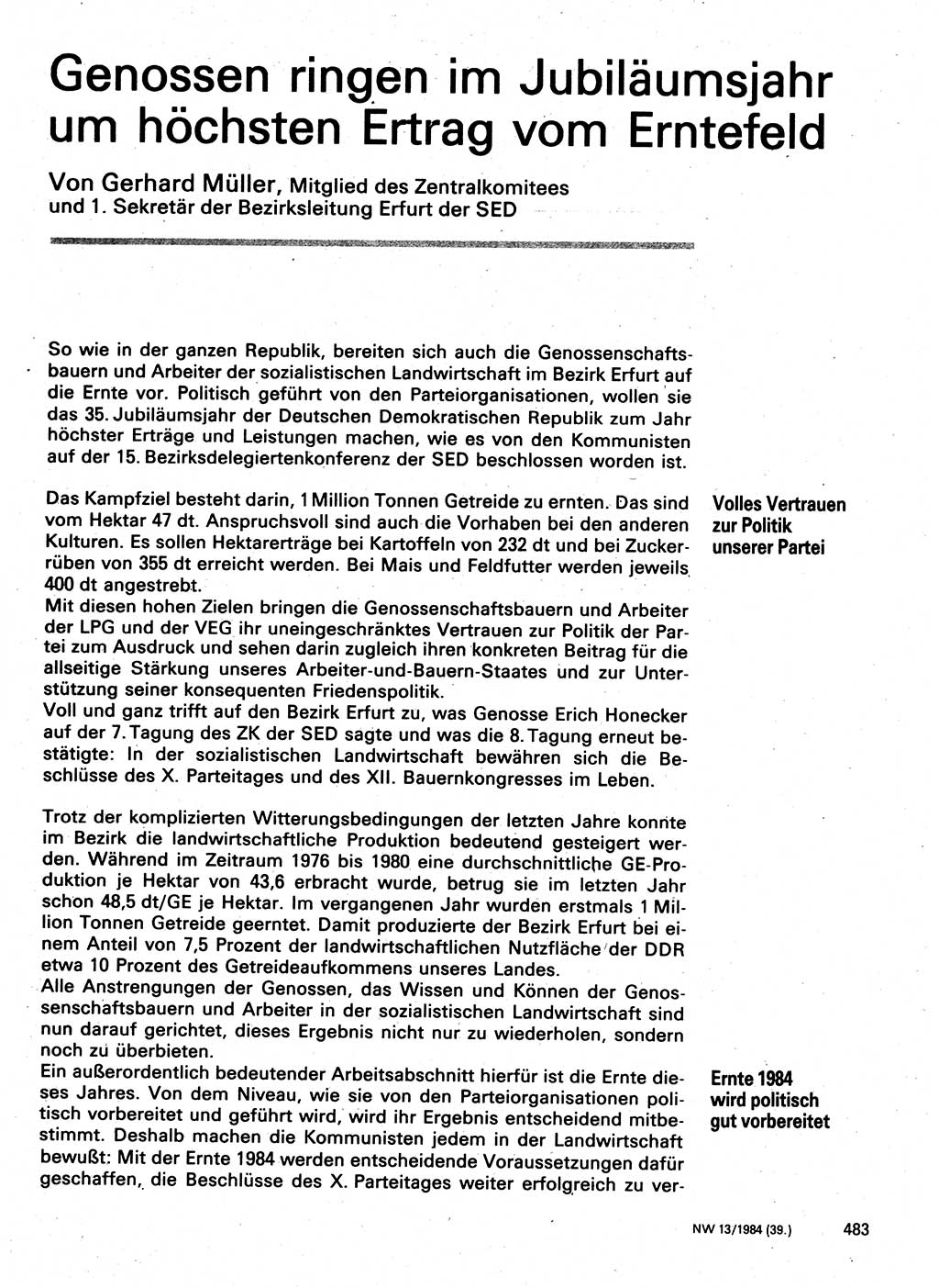 Neuer Weg (NW), Organ des Zentralkomitees (ZK) der SED (Sozialistische Einheitspartei Deutschlands) für Fragen des Parteilebens, 39. Jahrgang [Deutsche Demokratische Republik (DDR)] 1984, Seite 483 (NW ZK SED DDR 1984, S. 483)