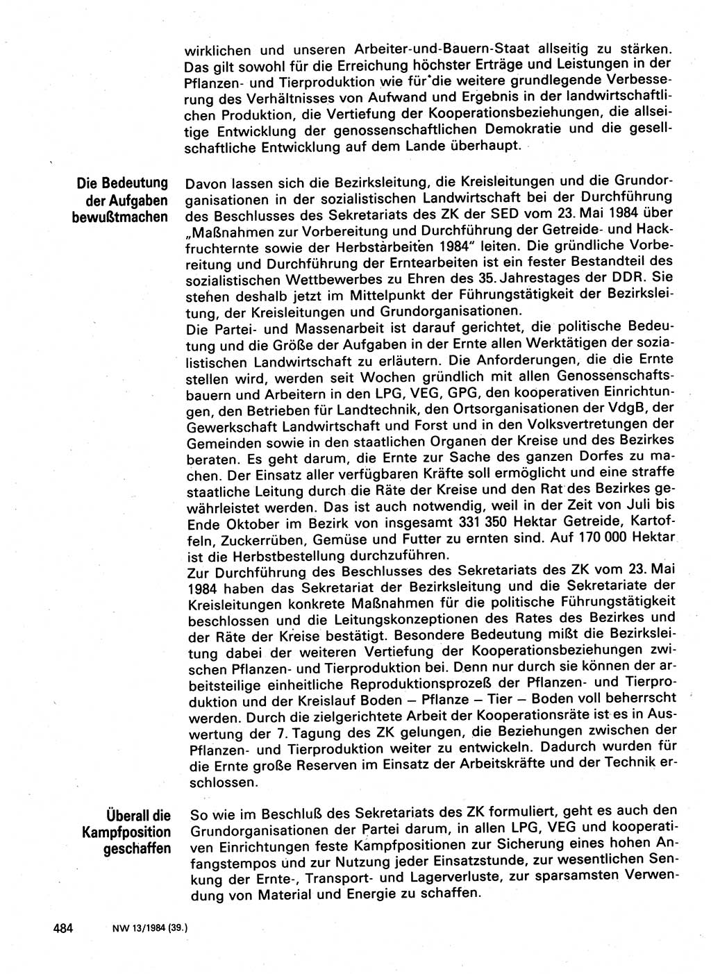 Neuer Weg (NW), Organ des Zentralkomitees (ZK) der SED (Sozialistische Einheitspartei Deutschlands) für Fragen des Parteilebens, 39. Jahrgang [Deutsche Demokratische Republik (DDR)] 1984, Seite 484 (NW ZK SED DDR 1984, S. 484)