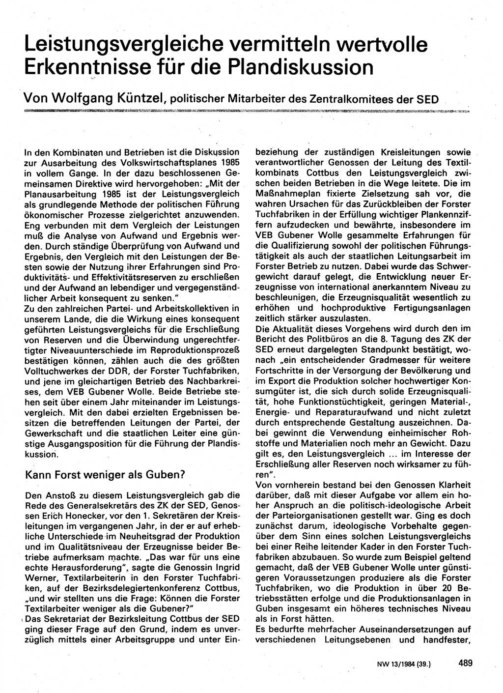 Neuer Weg (NW), Organ des Zentralkomitees (ZK) der SED (Sozialistische Einheitspartei Deutschlands) für Fragen des Parteilebens, 39. Jahrgang [Deutsche Demokratische Republik (DDR)] 1984, Seite 489 (NW ZK SED DDR 1984, S. 489)