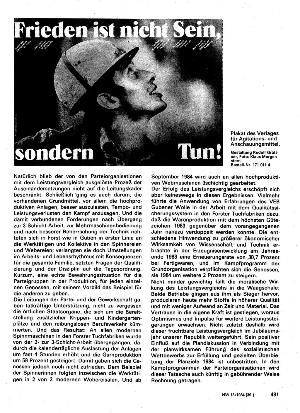 Neuer Weg (NW), Organ des Zentralkomitees (ZK) der SED (Sozialistische Einheitspartei Deutschlands) für Fragen des Parteilebens, 39. Jahrgang [Deutsche Demokratische Republik (DDR)] 1984, Seite 491 (NW ZK SED DDR 1984, S. 491)