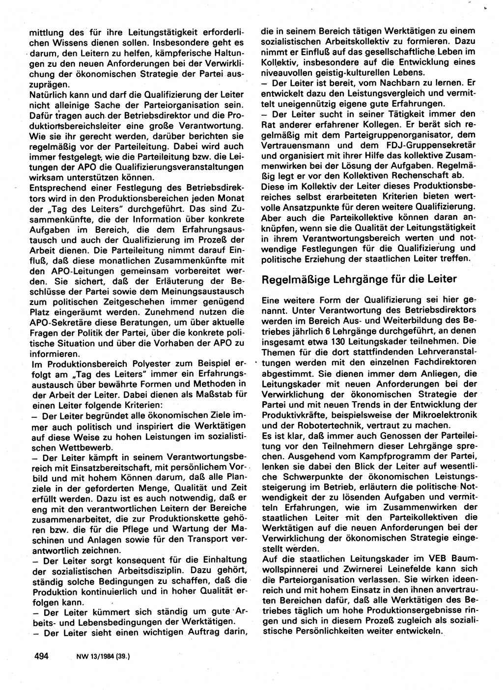 Neuer Weg (NW), Organ des Zentralkomitees (ZK) der SED (Sozialistische Einheitspartei Deutschlands) für Fragen des Parteilebens, 39. Jahrgang [Deutsche Demokratische Republik (DDR)] 1984, Seite 494 (NW ZK SED DDR 1984, S. 494)