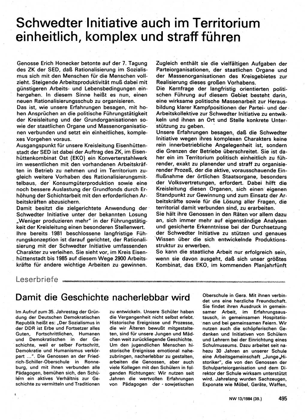 Neuer Weg (NW), Organ des Zentralkomitees (ZK) der SED (Sozialistische Einheitspartei Deutschlands) für Fragen des Parteilebens, 39. Jahrgang [Deutsche Demokratische Republik (DDR)] 1984, Seite 495 (NW ZK SED DDR 1984, S. 495)
