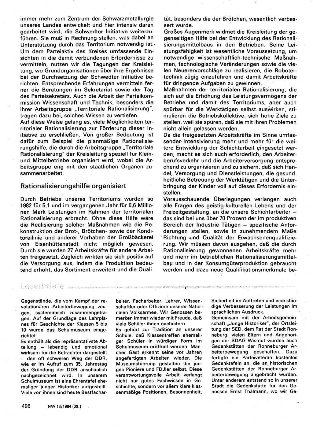 Neuer Weg (NW), Organ des Zentralkomitees (ZK) der SED (Sozialistische Einheitspartei Deutschlands) für Fragen des Parteilebens, 39. Jahrgang [Deutsche Demokratische Republik (DDR)] 1984, Seite 496 (NW ZK SED DDR 1984, S. 496)